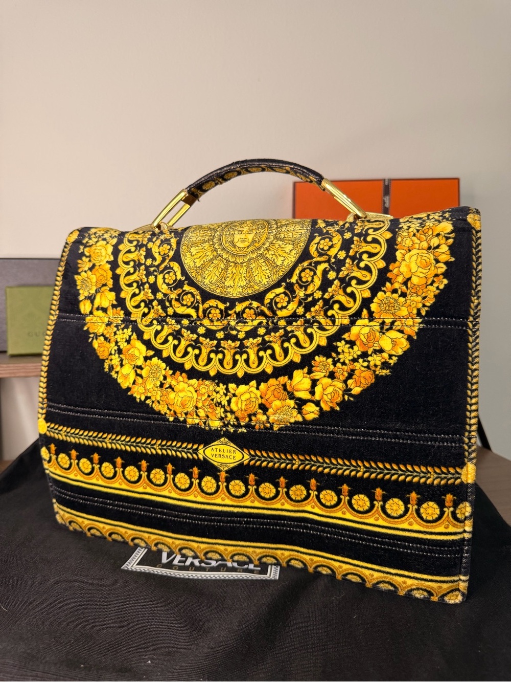 AUTHENTIC - RARE Gianni Versace Gold and Black Velvet Briefcase W/ Medusas - Picture 3 of 13
